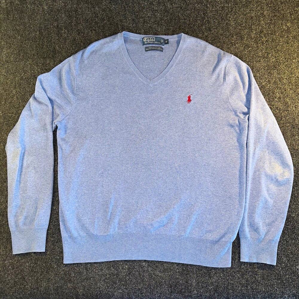 Polo Ralph Lauren Sweater Mens Medium M Blue Pima Cotton V Neck Red Pony Knit